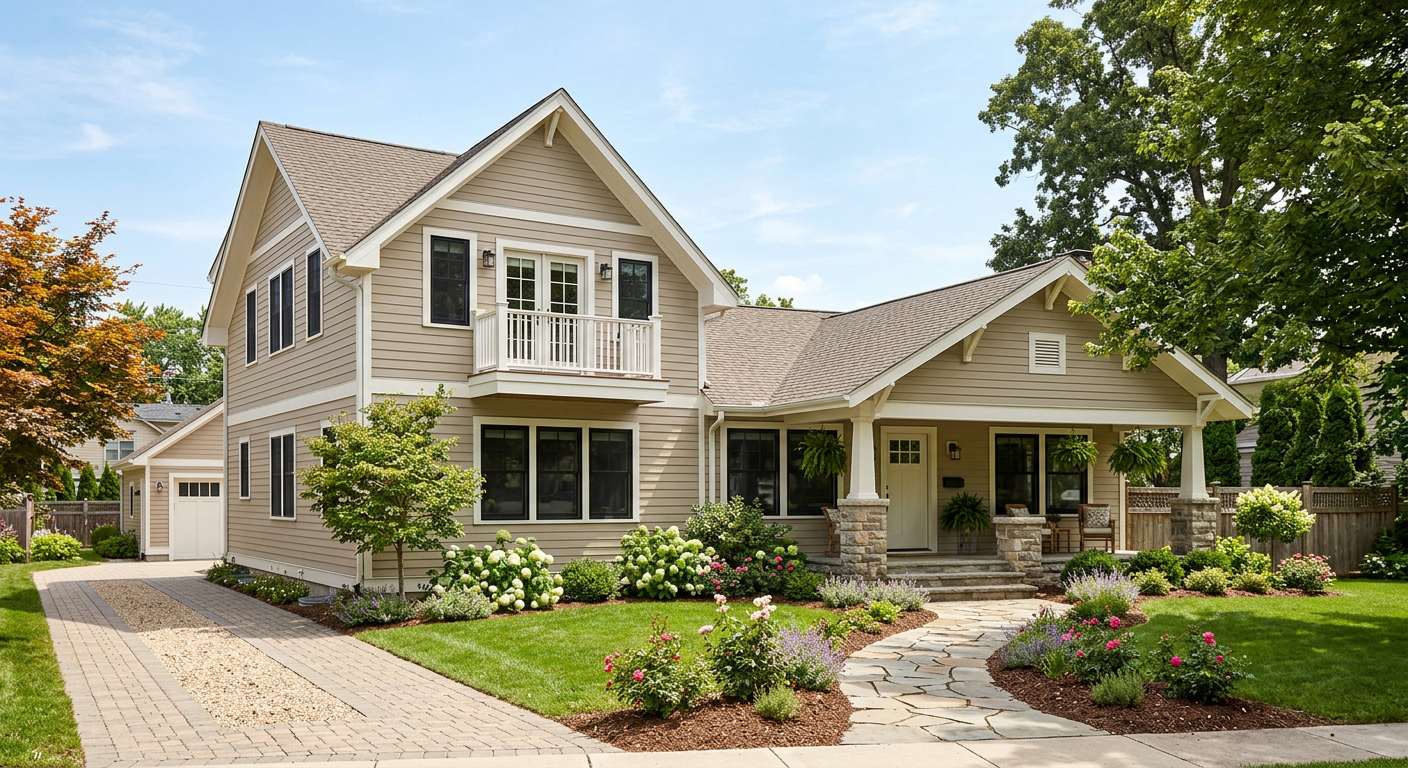 Same home after rear addition with expanded family room, French doors, and matching siding and roofline