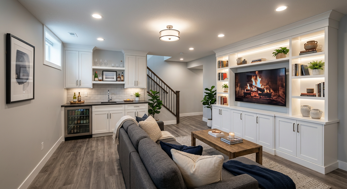 Same basement fully finished with LVP flooring, built-in entertainment center, wet bar, and seating area
