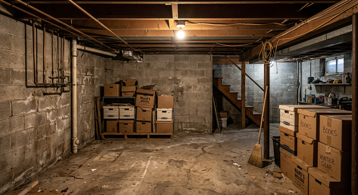 Unfinished basement with bare concrete block walls, exposed floor joists, and utility pipes before remodel