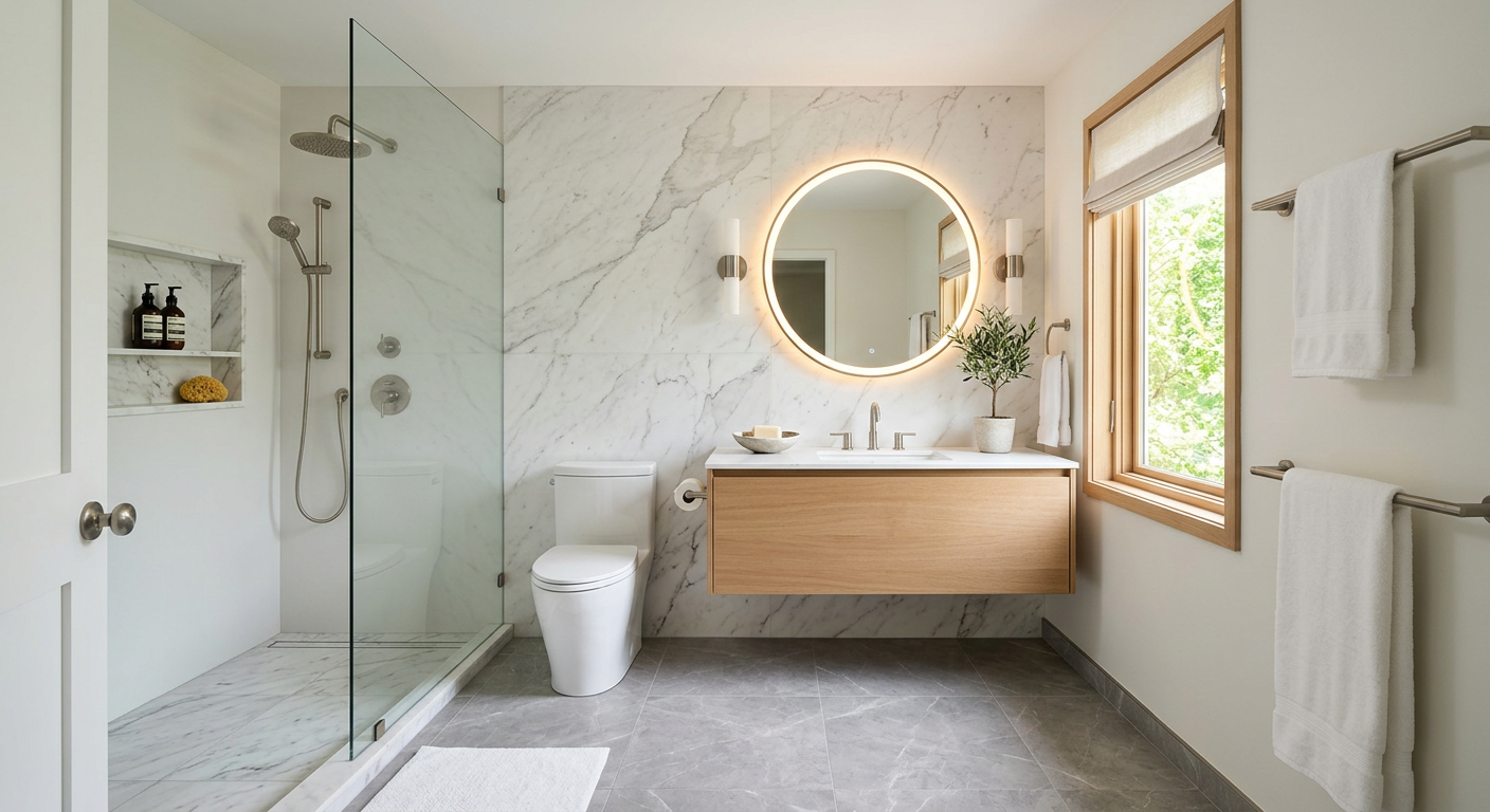 Same bathroom after full renovation with large-format marble tile, walk-in glass shower, and floating vanity