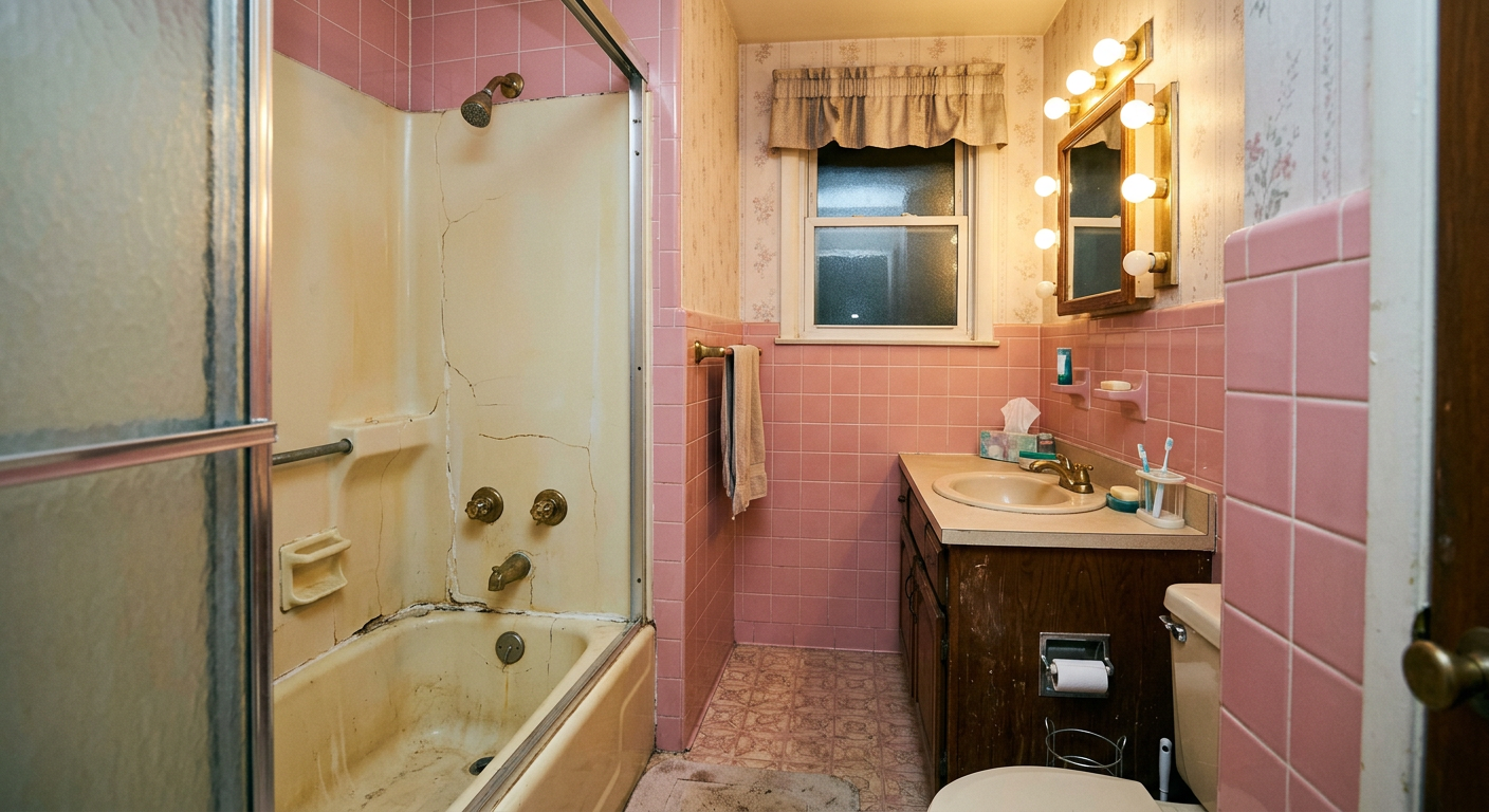 Dated 1990s bathroom with pink wall tiles, old fiberglass tub surround, and brass fixtures before renovation