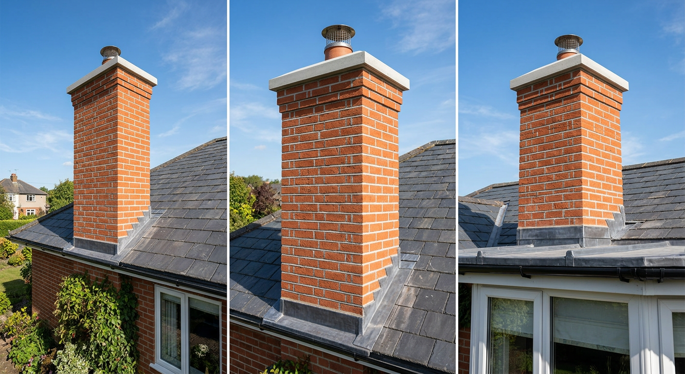 Same chimney after full restoration with fresh tuckpointing, new crown, and new lead flashing