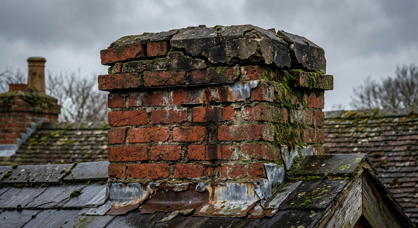 Close-up of old brick chimney with crumbling mortar joints and deteriorated crown before repair