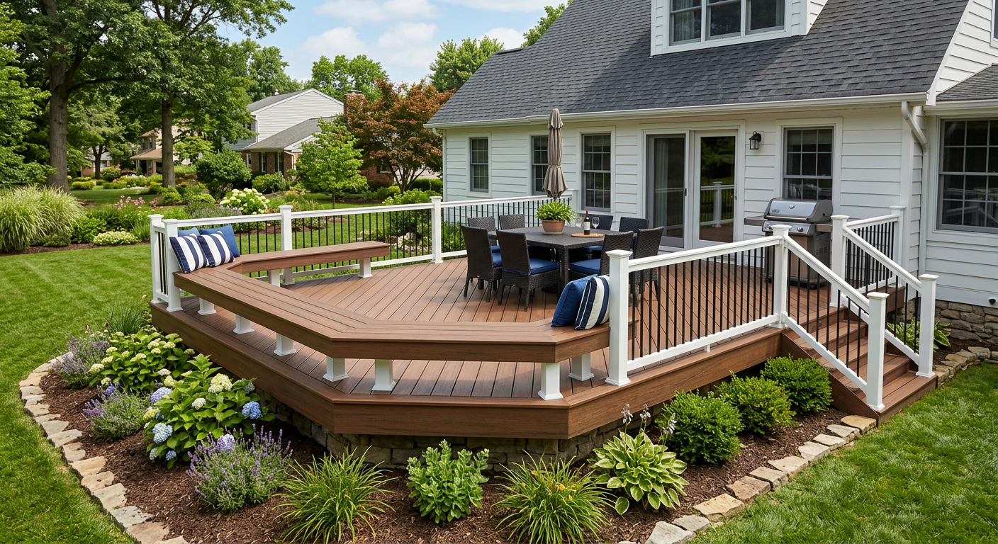 New Trex composite deck in saddle color with hidden fasteners, black aluminum railings, and stair lighting