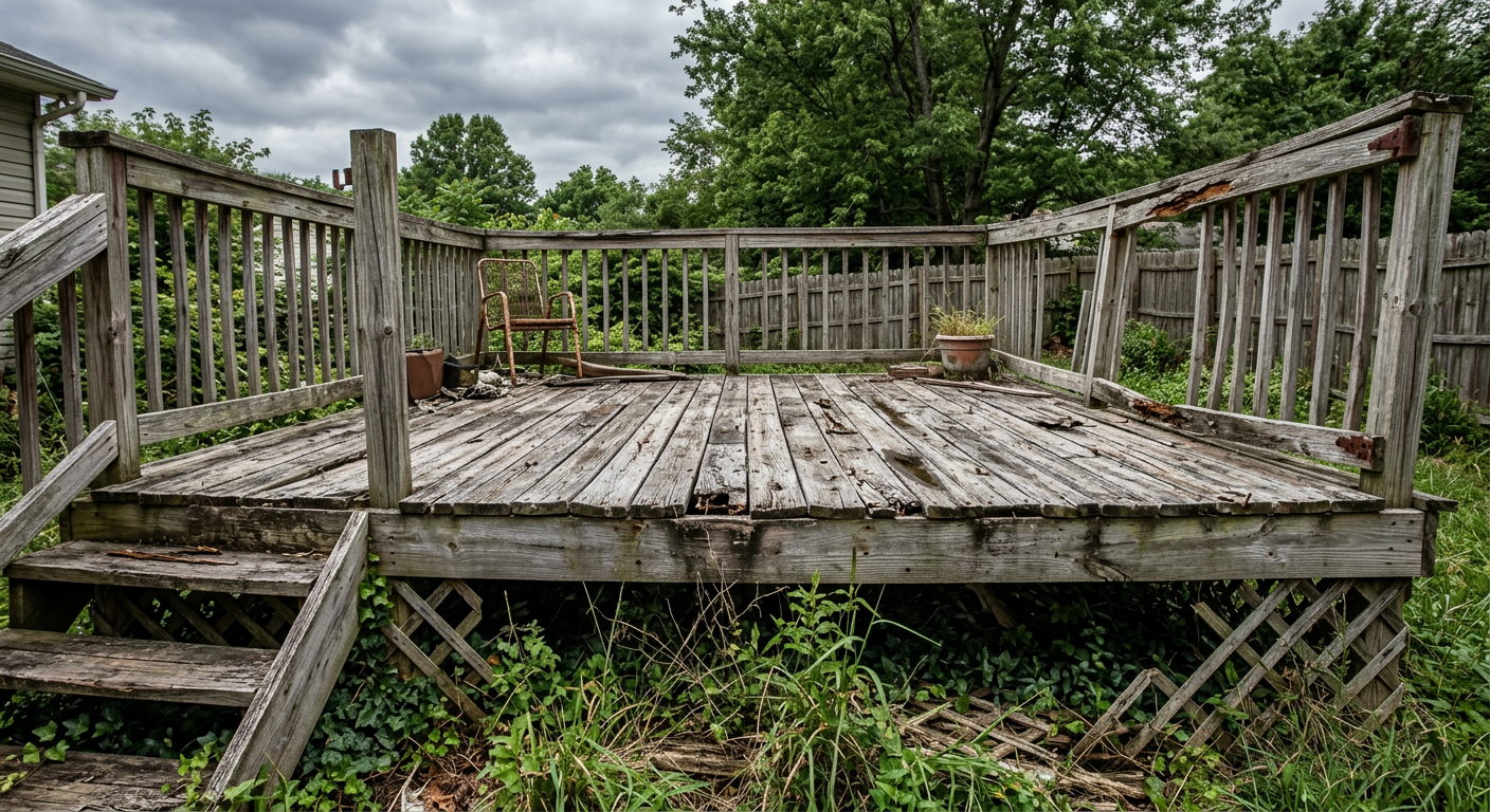 Old weathered pressure-treated wood deck with grayed splintering boards and rusted nails before replacement