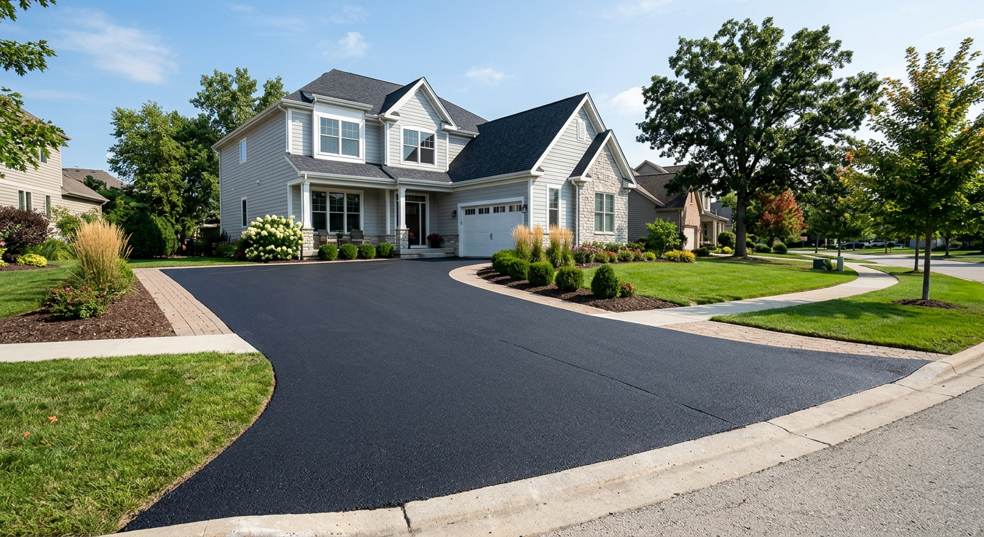 New smooth asphalt driveway with clean saw-cut edges and proper drainage grading after replacement