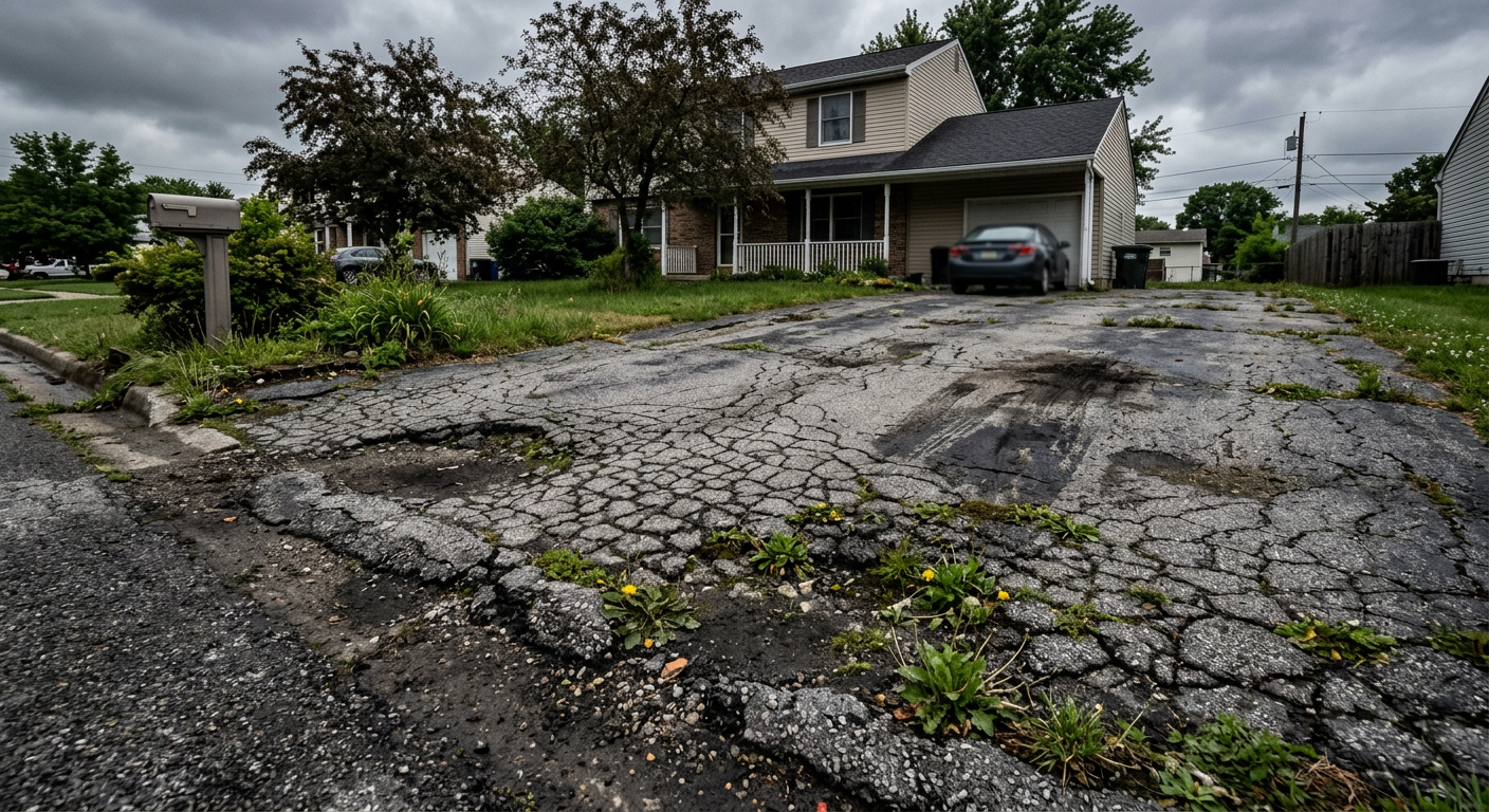 Old cracked asphalt driveway with alligator cracking and sunken areas before replacement