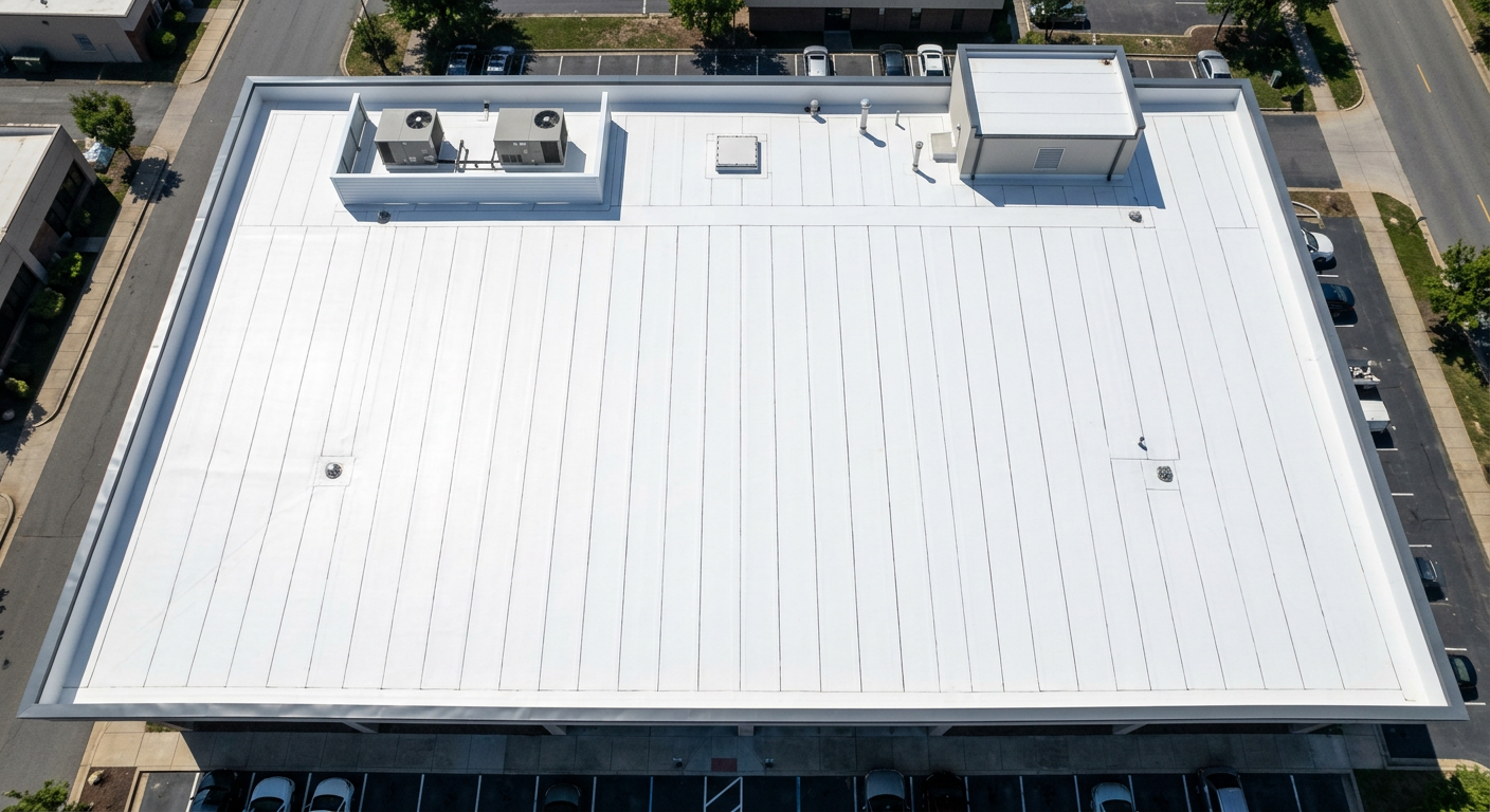 Same flat roof after full replacement with new TPO membrane and proper drainage slope
