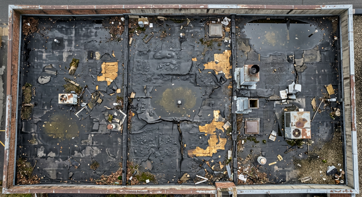 Top-down view of old flat roof with blistering EPDM membrane and ponding water before replacement