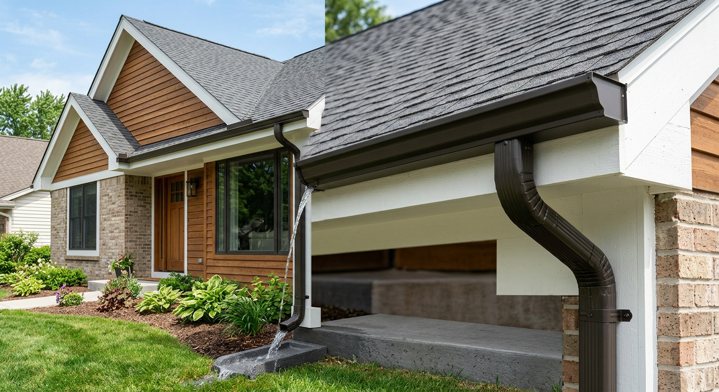 New seamless aluminum gutters in dark bronze with proper pitch and clean fascia after installation