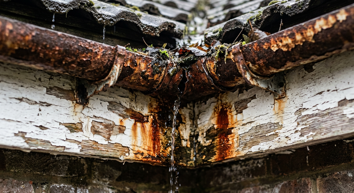 Close-up of old rusted steel gutters with peeling paint and separated seams before replacement