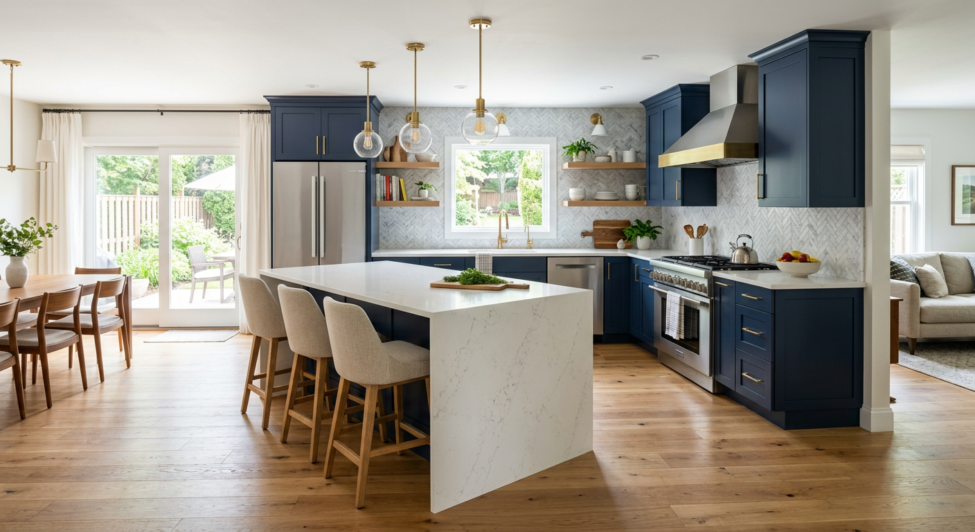 Modern remodeled kitchen with navy blue shaker cabinets, white quartz countertops, and brass hardware after remodel