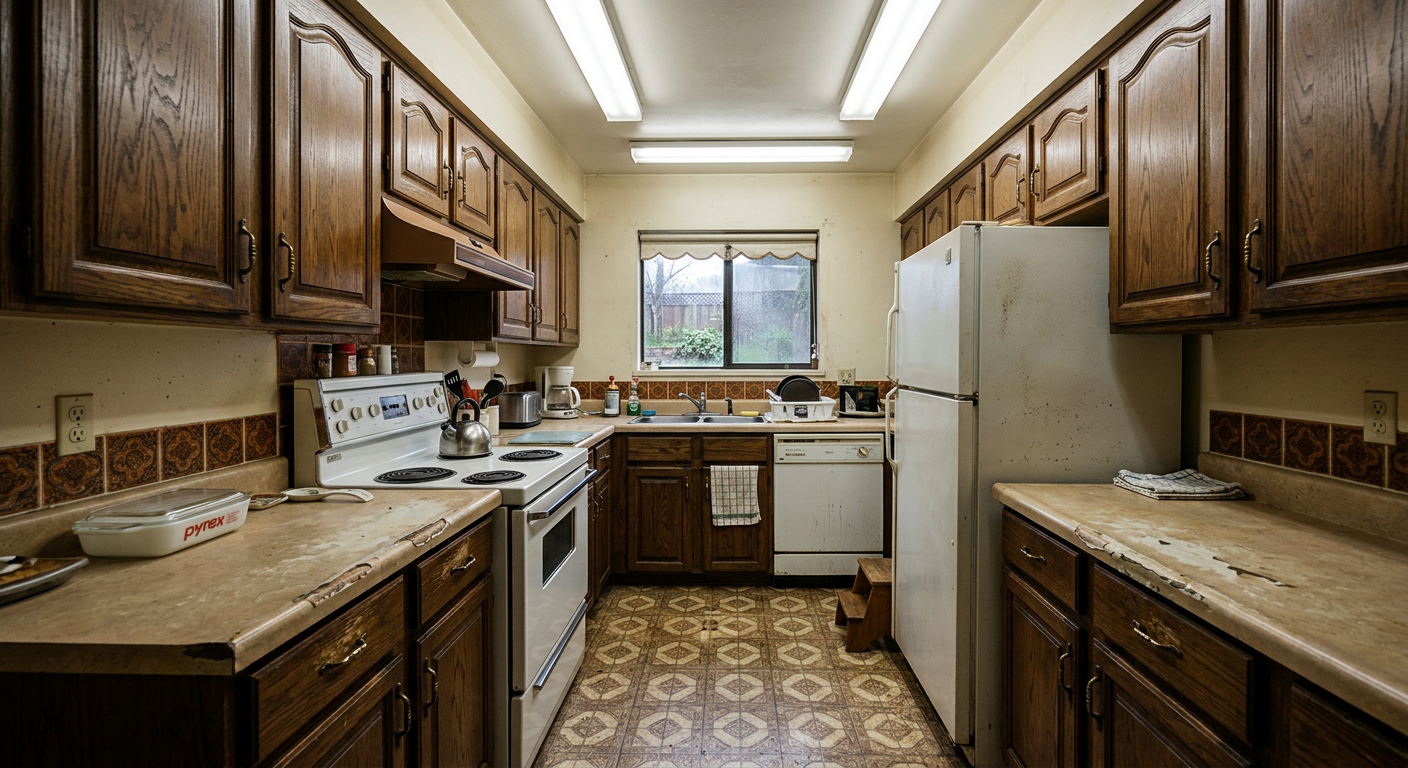 Dated 1980s kitchen with dark oak cabinets, laminate countertops, and fluorescent lighting before remodel