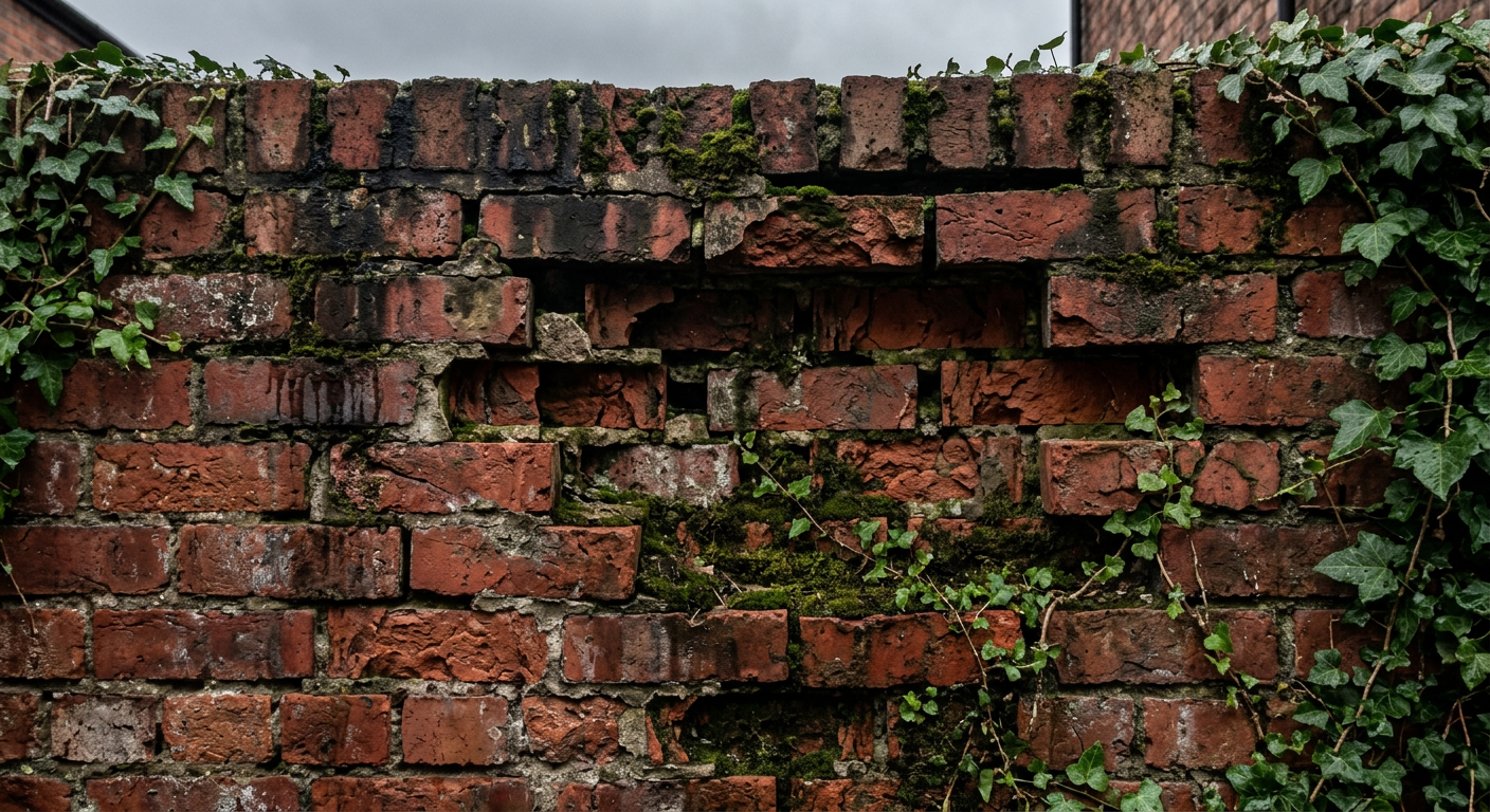 Old brick front steps with crumbling mortar, cracked bricks, and leaning stone landing before masonry repair