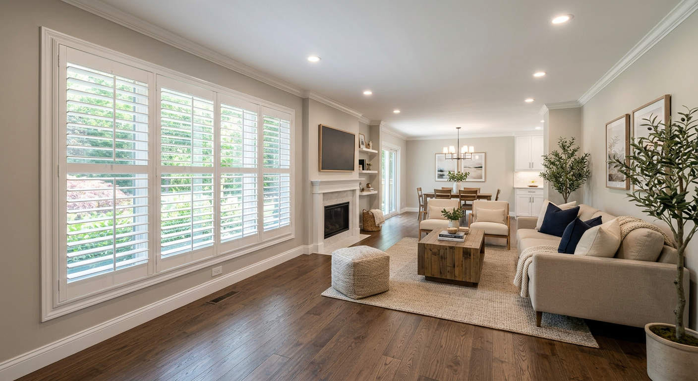 Same living room after full remodel with smooth white walls, oak hardwood floors, and modern stone fireplace