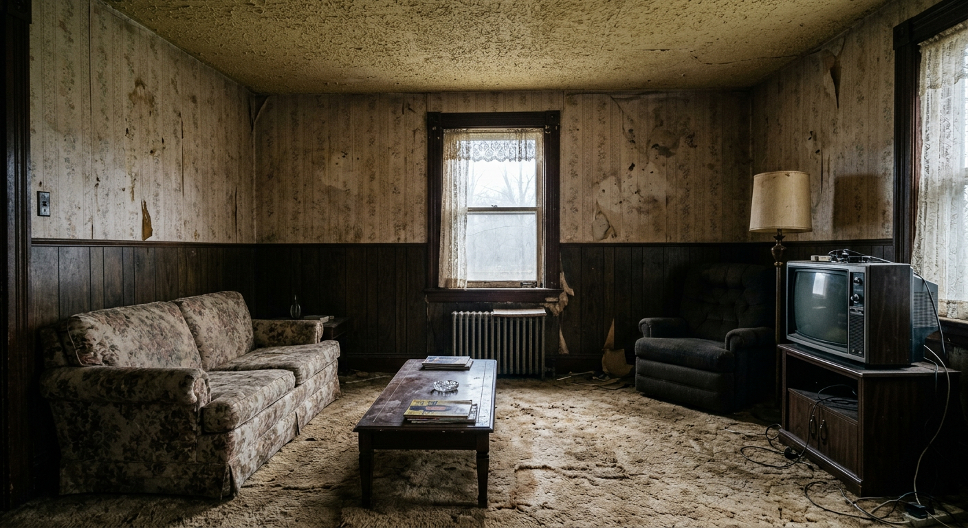 Dated 1970s living room with wood paneling, popcorn ceiling, and shag carpet before remodel