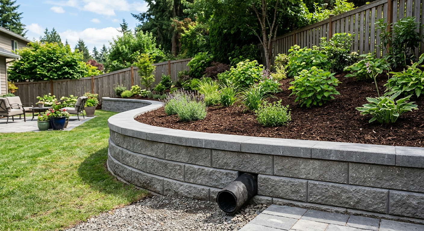 New segmental block retaining wall with level cap stones and fresh landscaping after replacement
