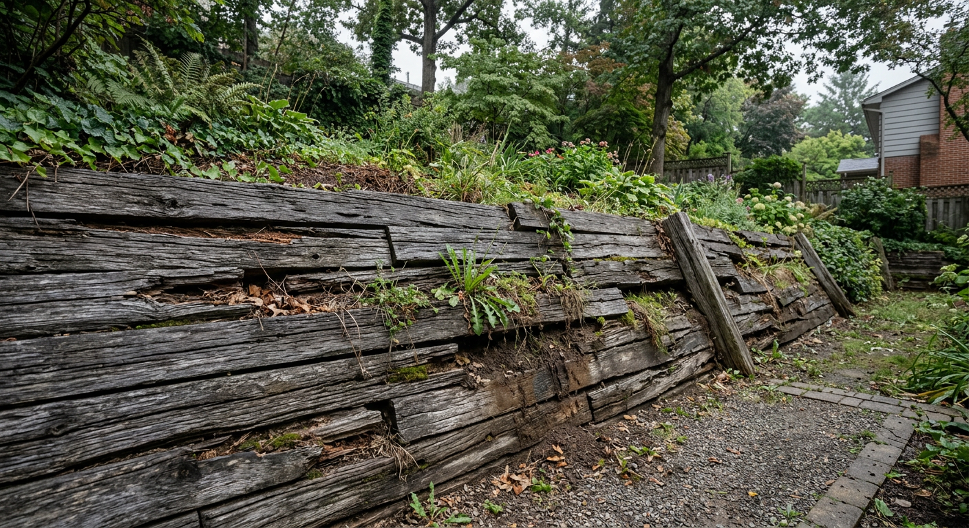 Old timber retaining wall grayed and warped with gaps and soil seeping before replacement