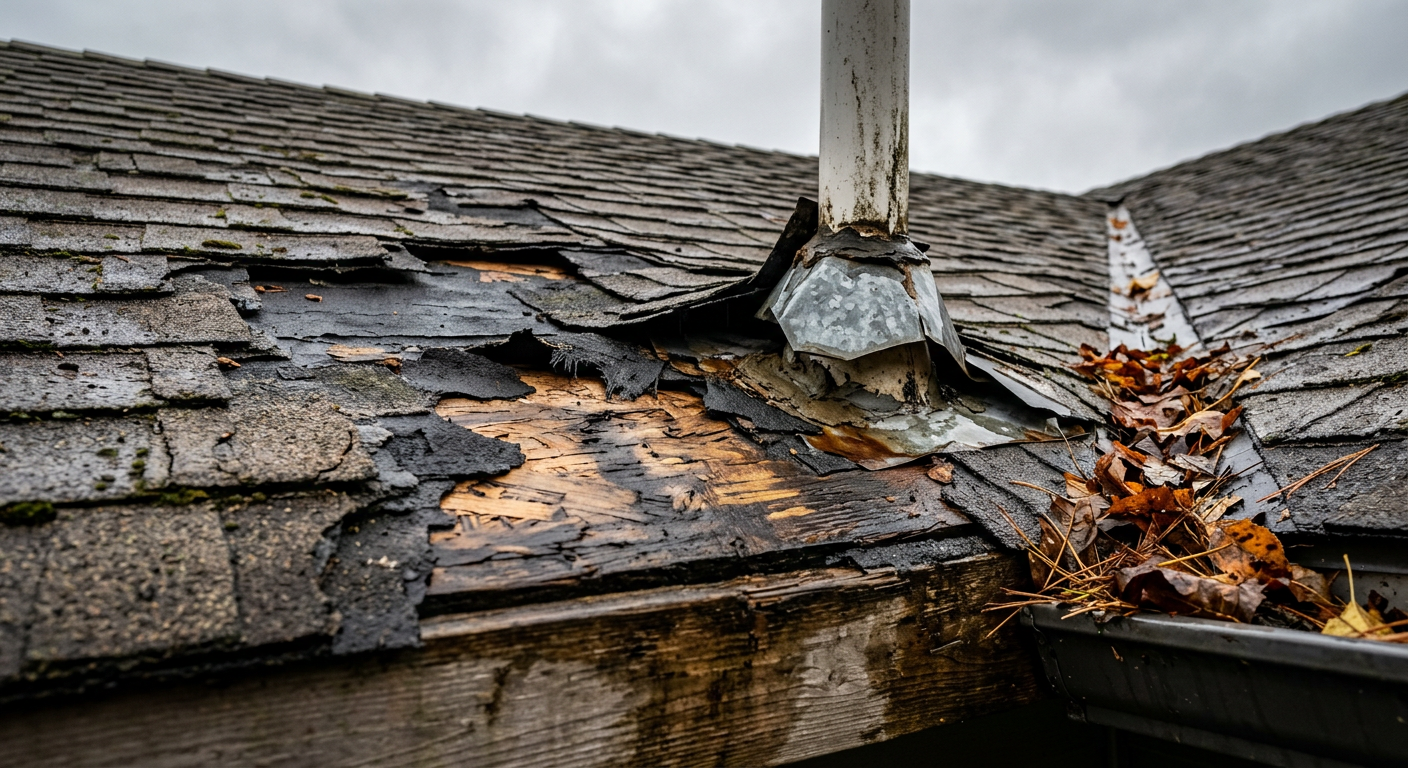 Close-up of damaged residential roof section with missing shingles and water staining before repair