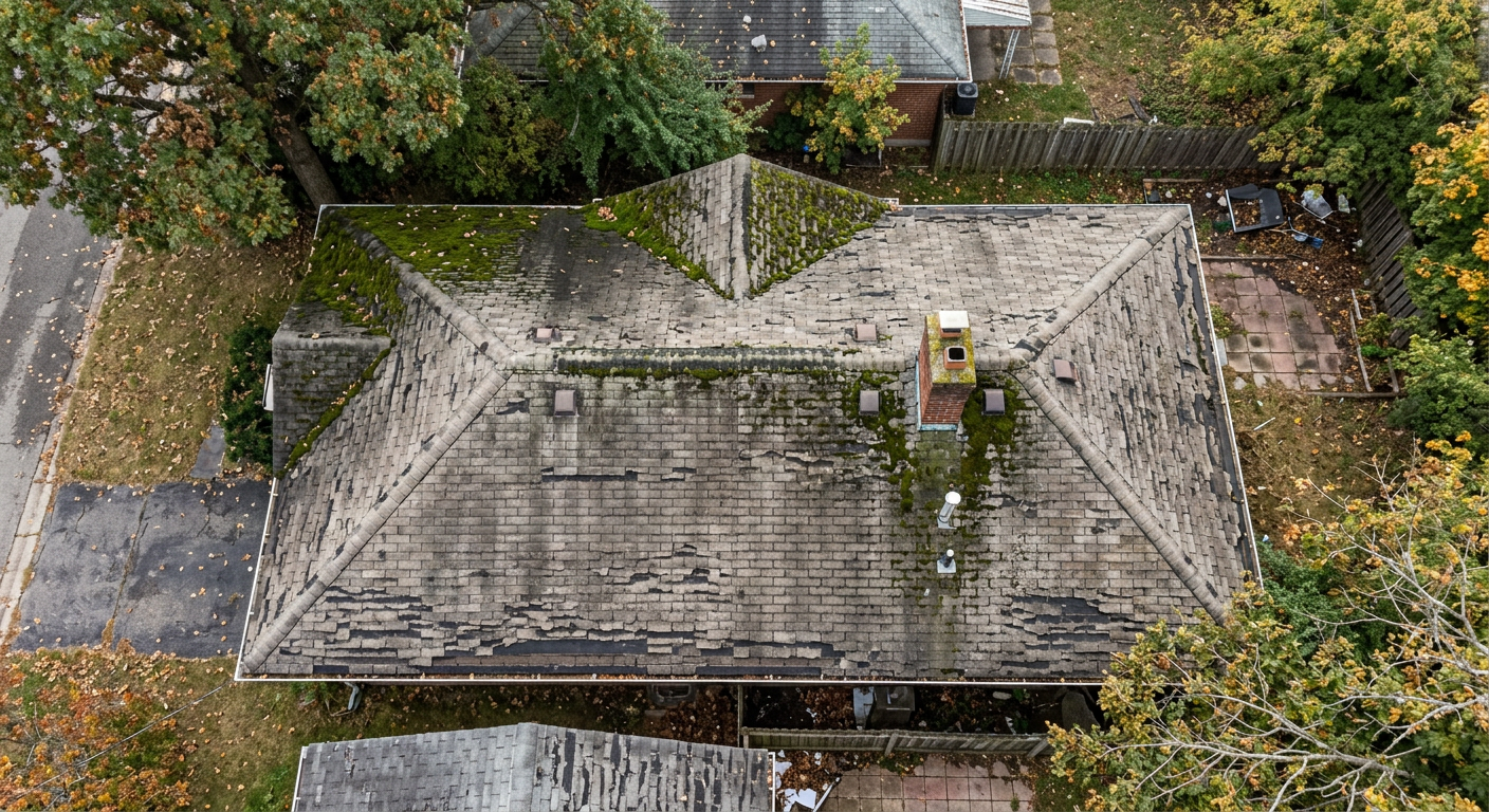 Aerial view of old residential roof with widespread algae staining and curled shingles before replacement