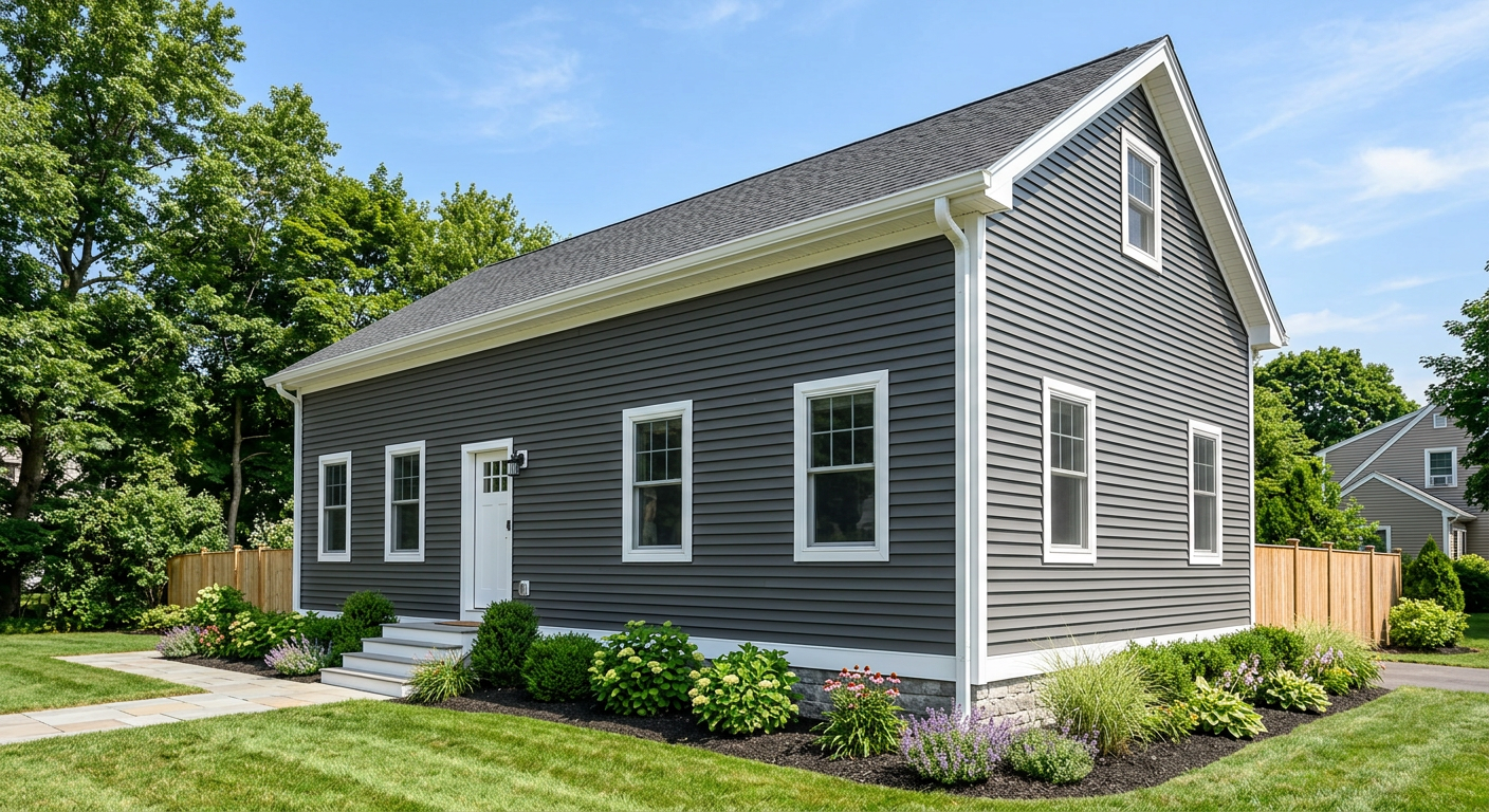 Same home side after full siding replacement with premium charcoal grey vinyl and white PVC trim