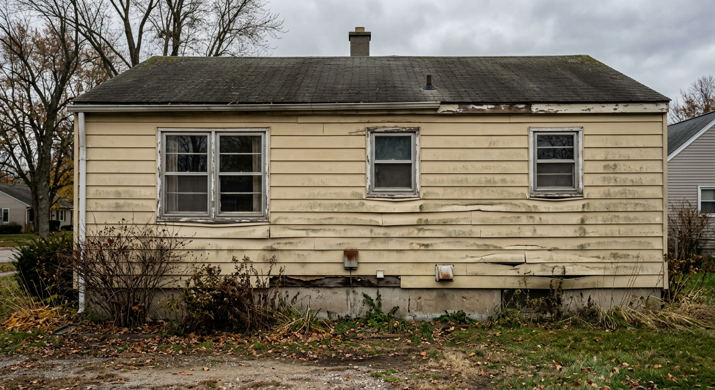 Side of suburban home with old faded yellow vinyl siding and cracked panels before replacement