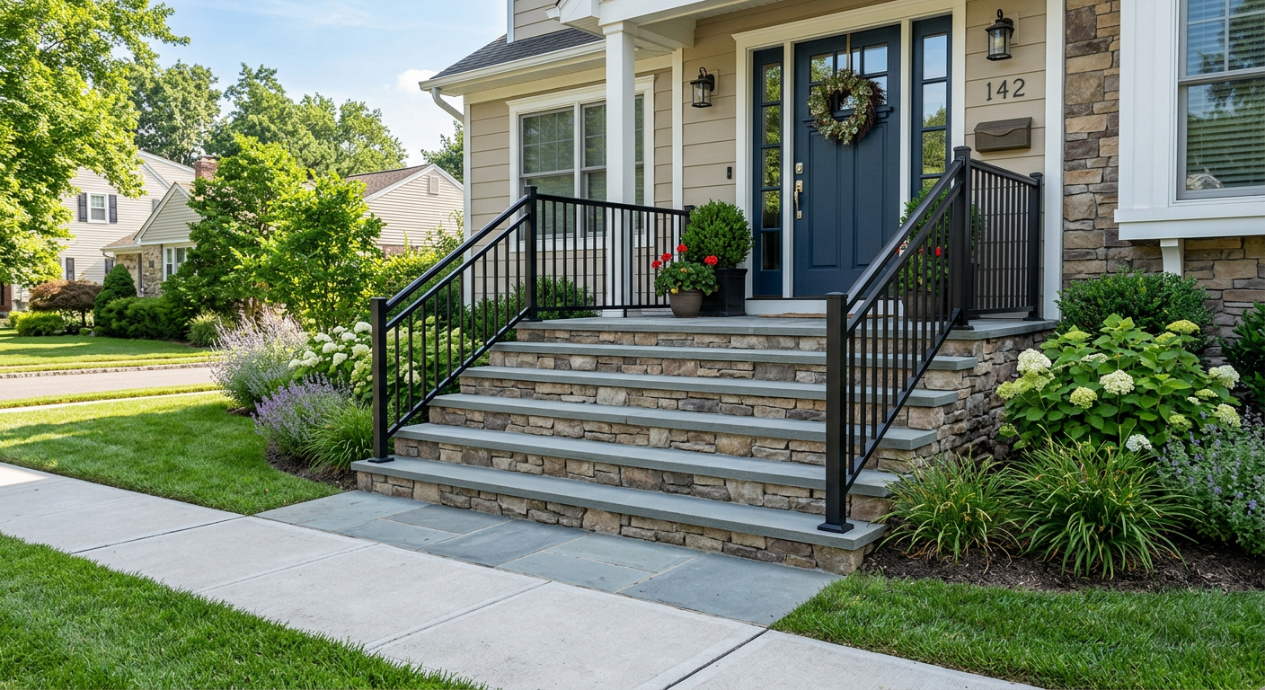 New front steps with bluestone treads, natural stone veneer risers, and black metal railing after replacement