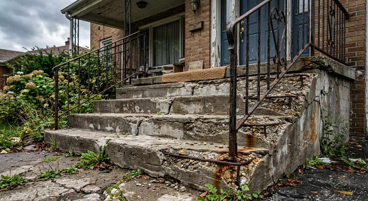 Old crumbling concrete front steps with spalling surface and exposed rebar before replacement