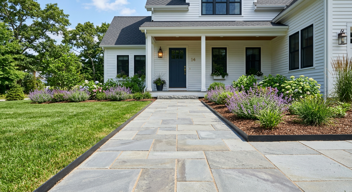 New bluestone paver walkway with level surface and clean polymeric sand joints after installation
