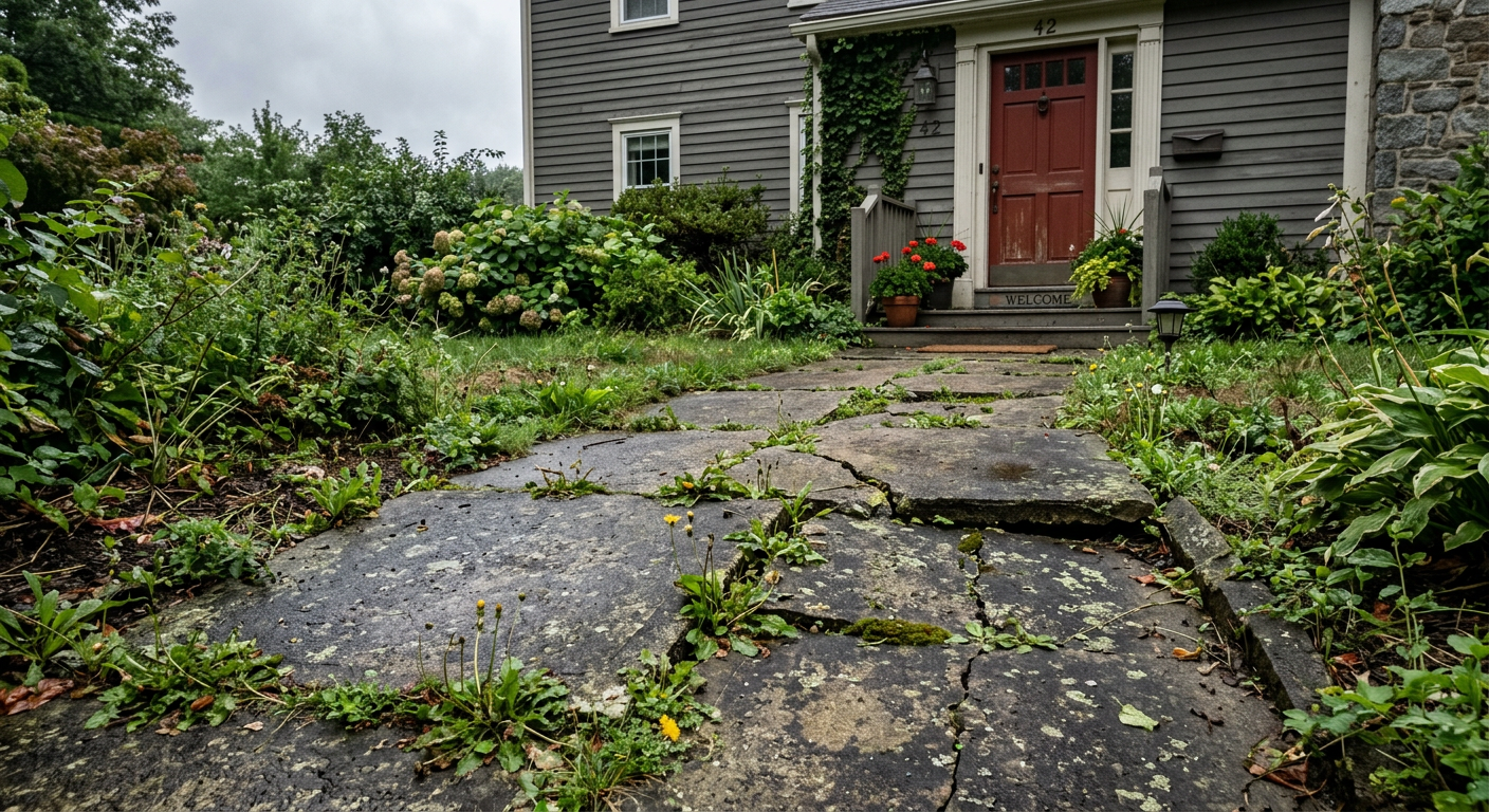 Old concrete walkway with cracked and sunken slabs creating trip hazards before replacement
